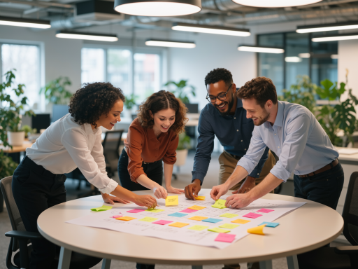 Professional team working in modern office environment, focusing on product development and research